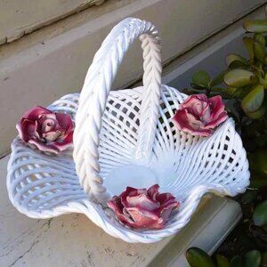 Porcelain Capodimonte Italian Weave Basket with Separately Attached Roses